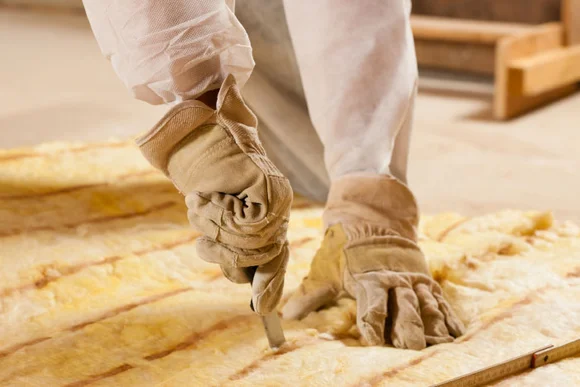 Person schneidet Dämmmaterial mit Cuttermesser